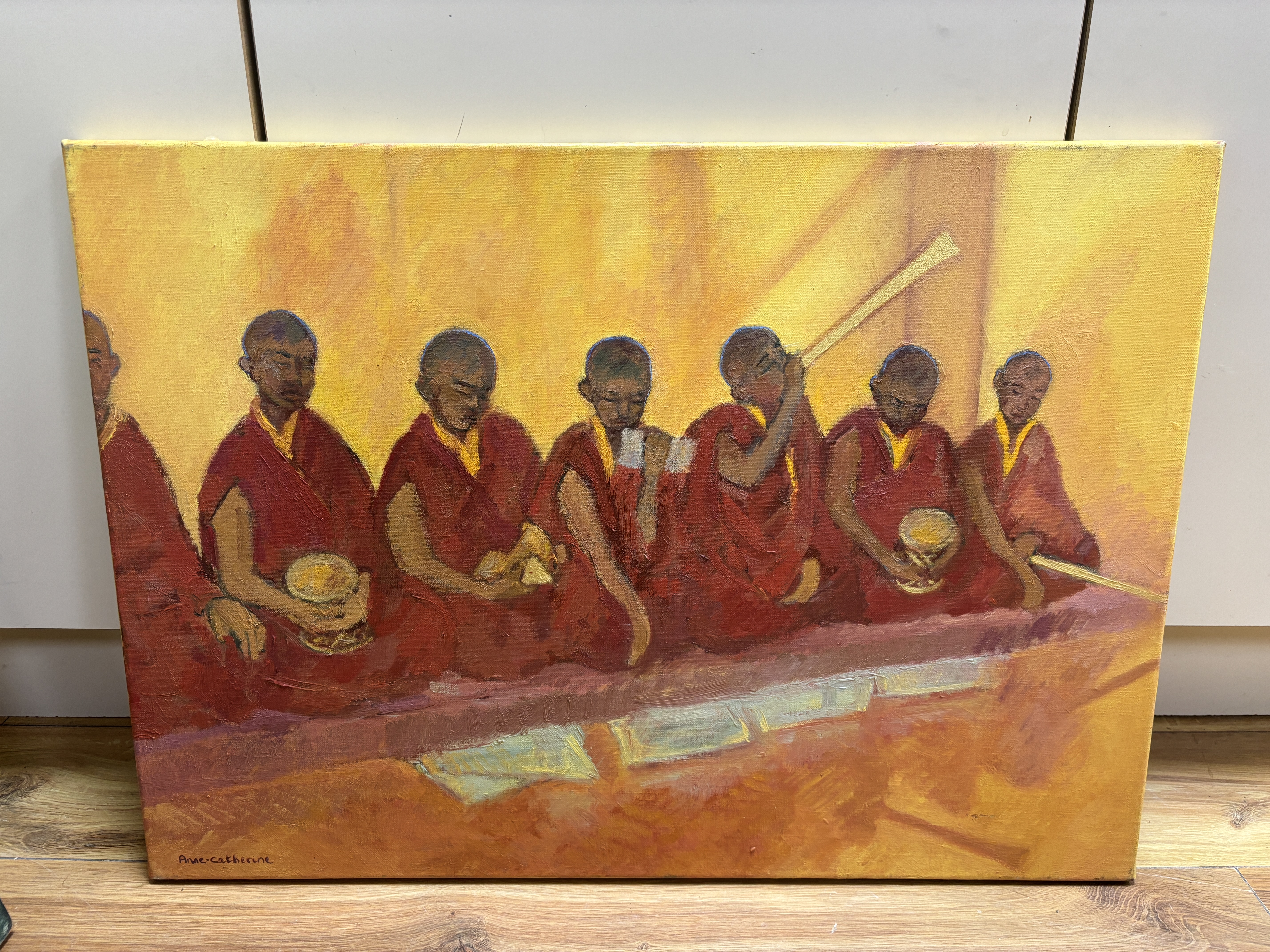 Anne-Catherine Phillips (20th. C), oil on canvas, Buddhist monks, signed, 50 x 70cm, unframed